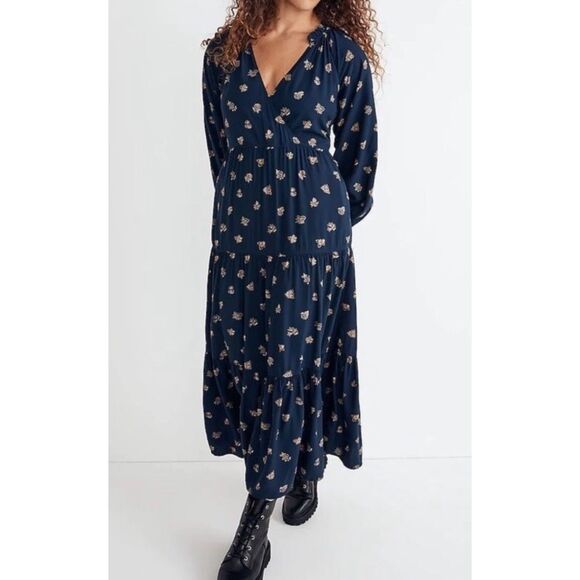 Madewell Dresses & Skirts - Madewell Challis Midi Blue Long Sleeve Dress, size L
